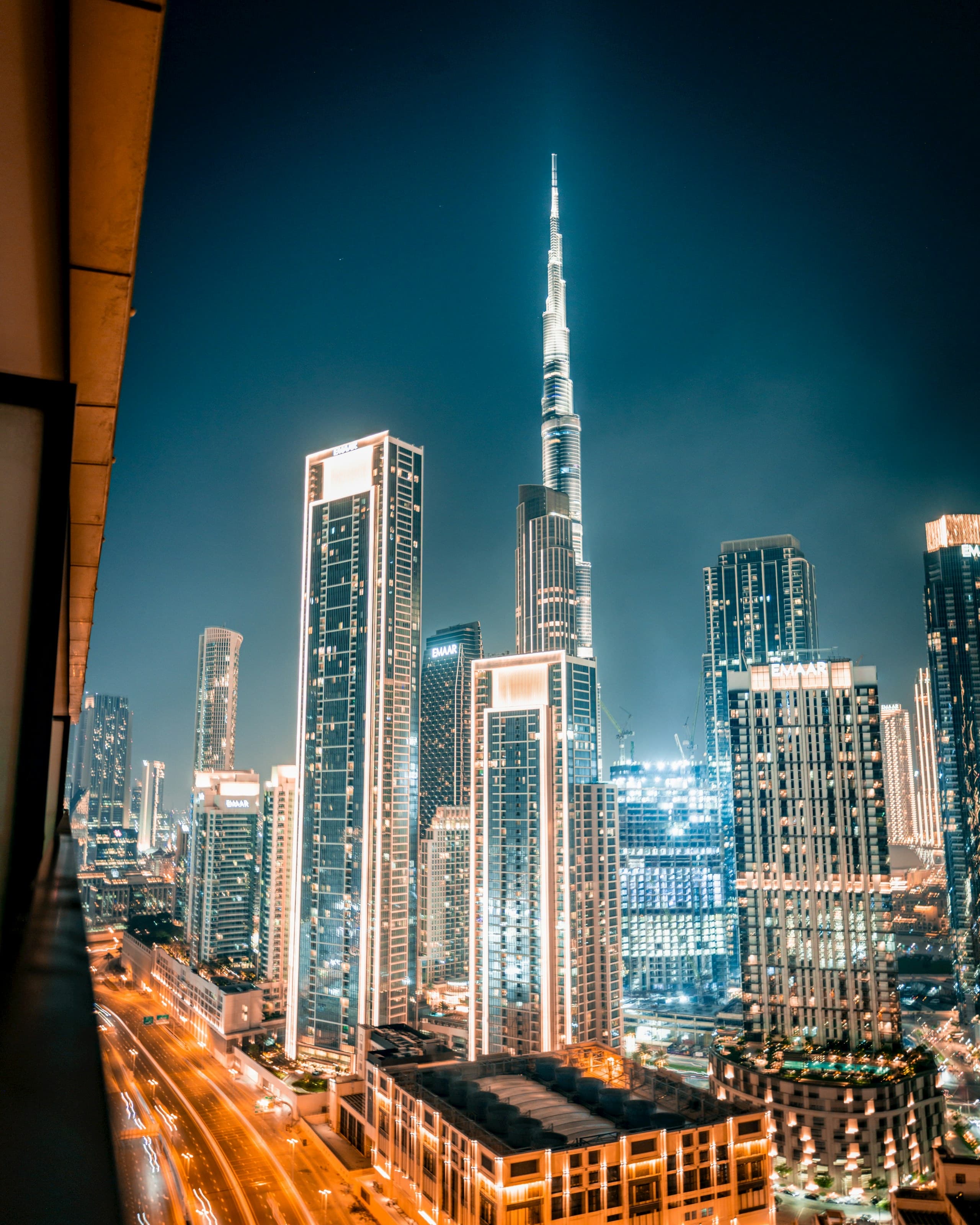 Gulf city towers lit at night