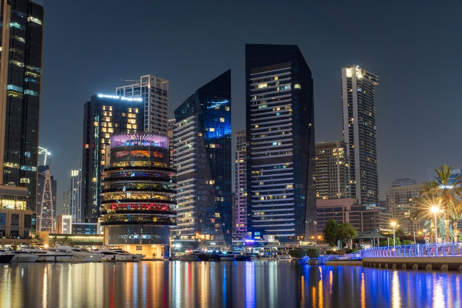 Towers of a Gulf marina at dusk